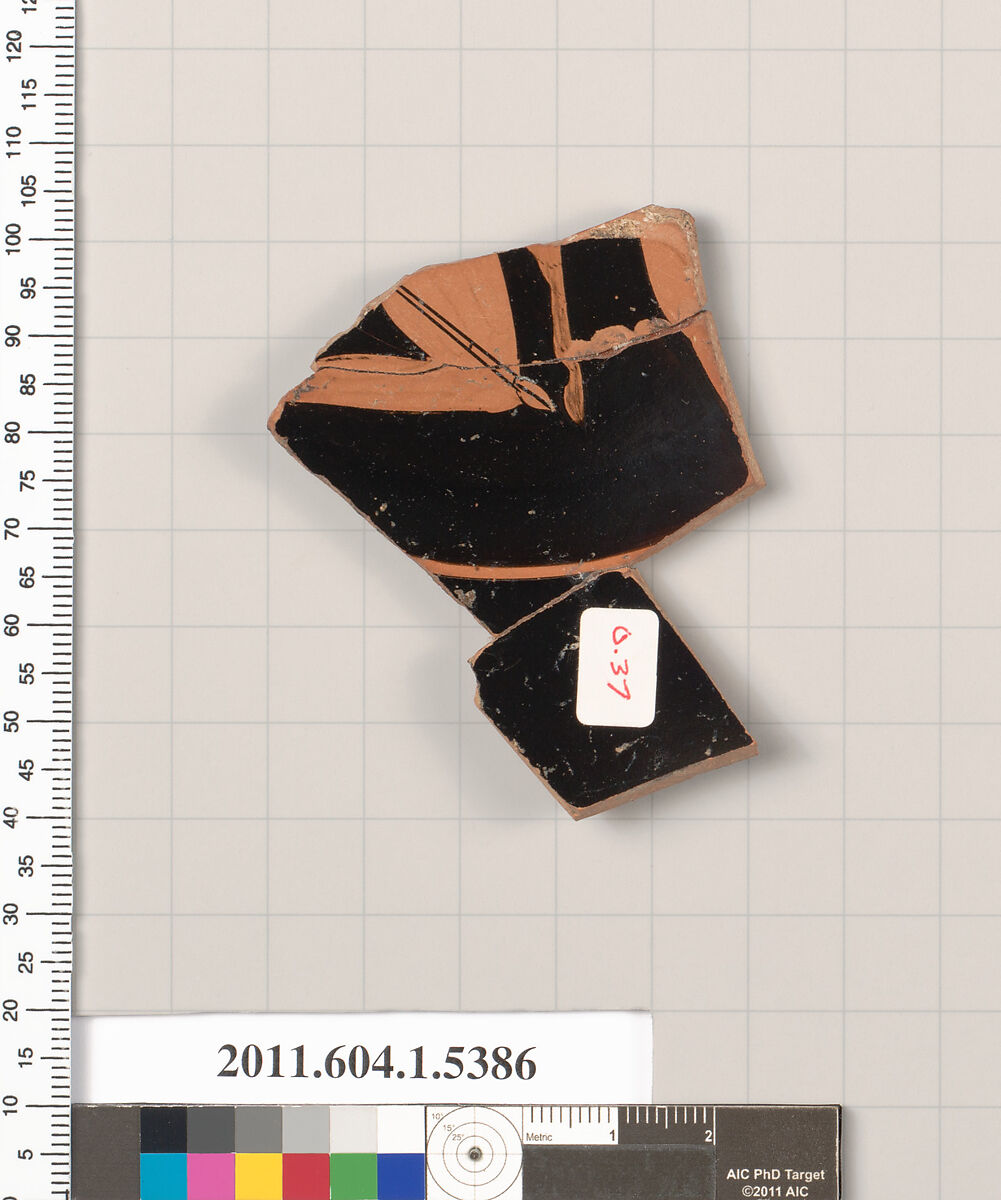Terracotta fragment of a kylix (drinking cup), Terracotta, Greek, Attic 
