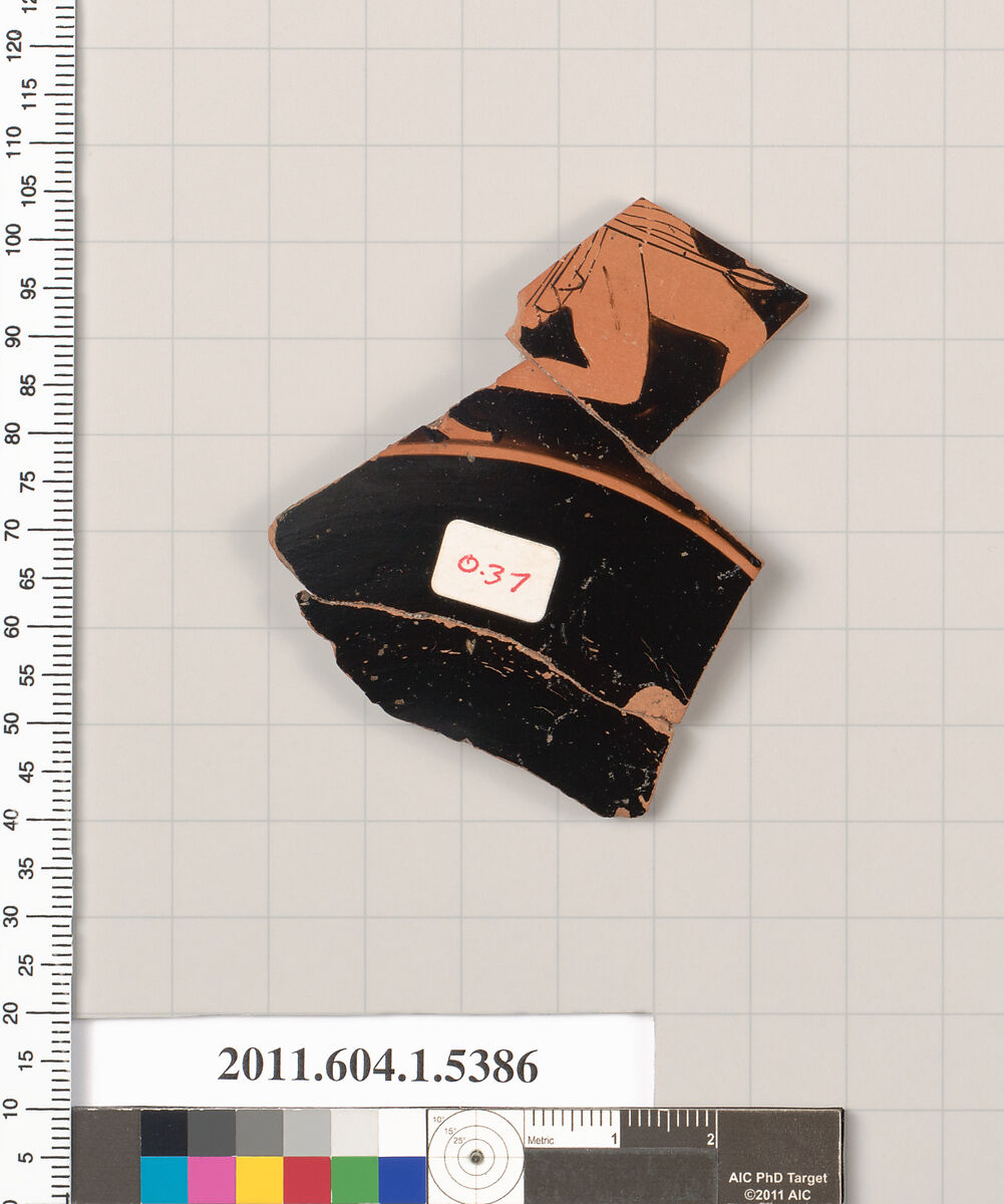 Terracotta fragment of a kylix (drinking cup), Terracotta, Greek, Attic