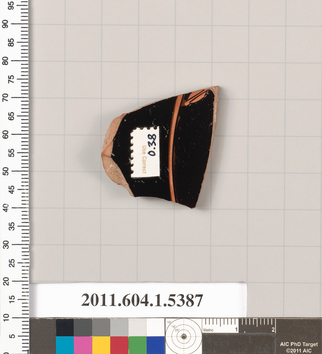 Terracotta fragment of a kylix (drinking cup), Terracotta, Greek, Attic
