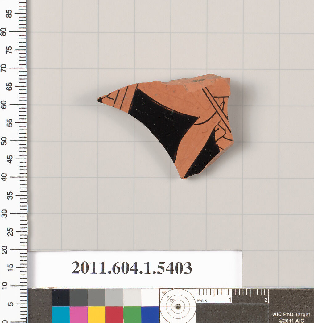 Terracotta fragment of a kylix (drinking cup), Terracotta, Greek, Attic 