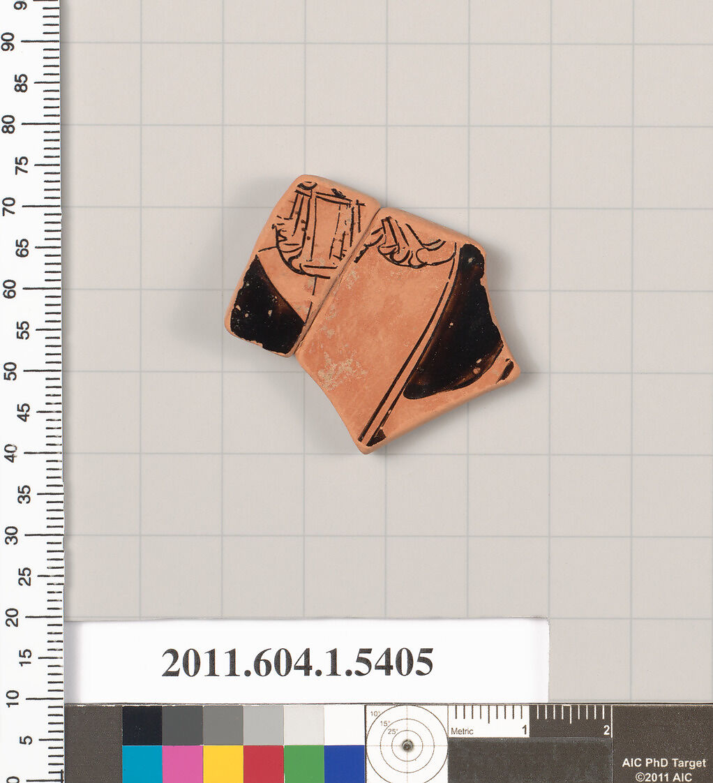 Terracotta fragment of a kylix (drinking cup), Terracotta, Greek, Attic