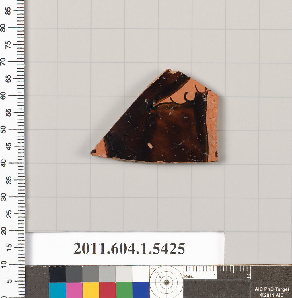 Terracotta fragment of a kylix (drinking cup), Terracotta, Greek, Attic