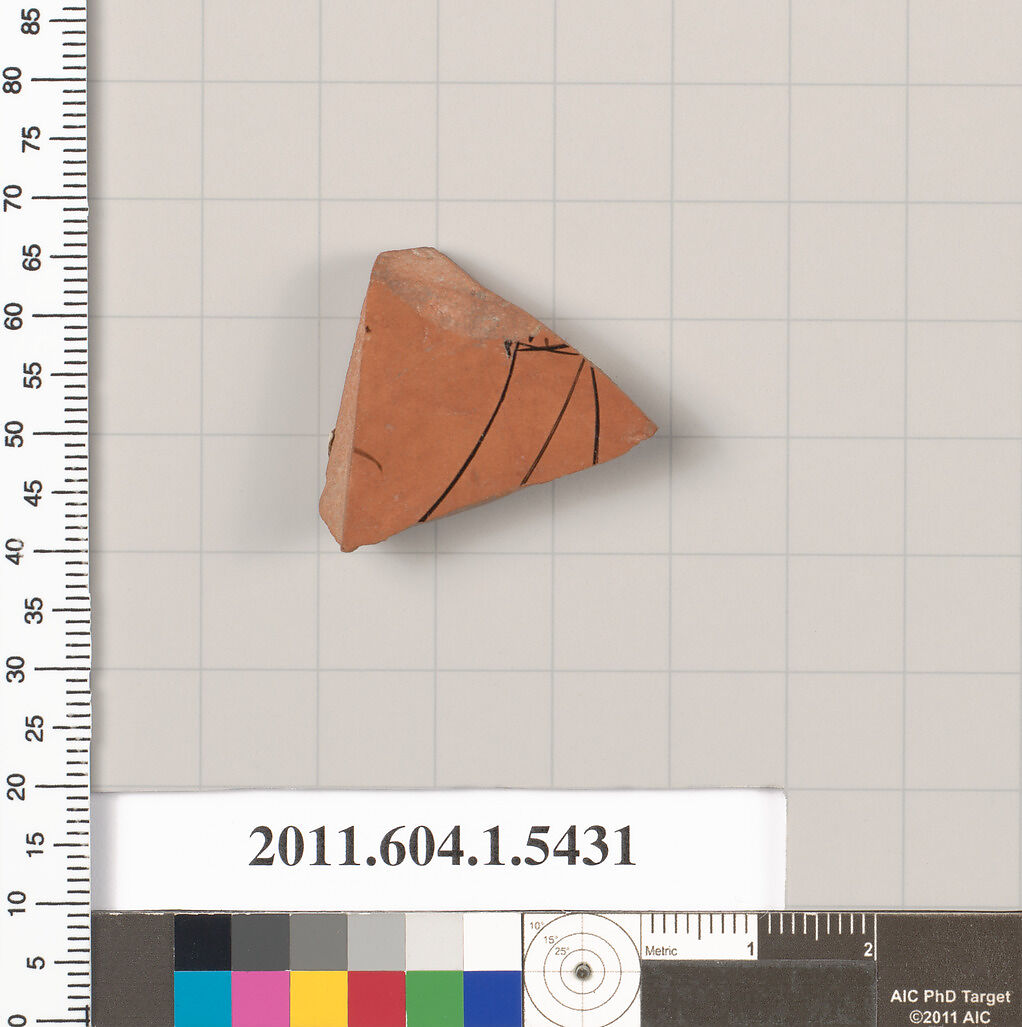 Terracotta fragment of a kylix (drinking cup), Terracotta, Greek, Attic 
