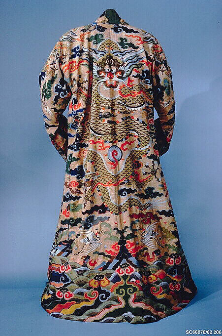 Robe for Tibetan aristocrat (chuba), Silk, wrapped gold on cream silk, wrapped peacock feather filaments, Tibet