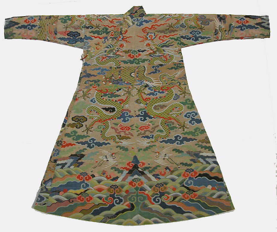 Robe for Tibetan aristocrat (chuba), Silk, wrapped gold on cream silk, wrapped peacock feather filaments, Tibet