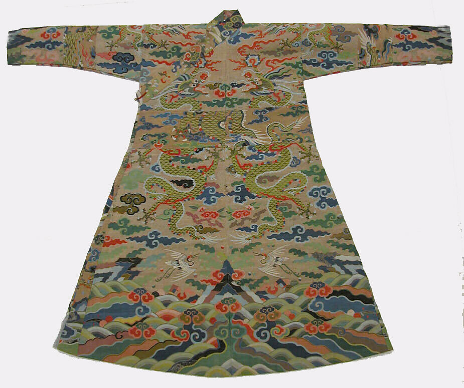 Robe for Tibetan aristocrat (chuba), Silk, wrapped gold on cream silk, wrapped peacock feather filaments, Tibet 