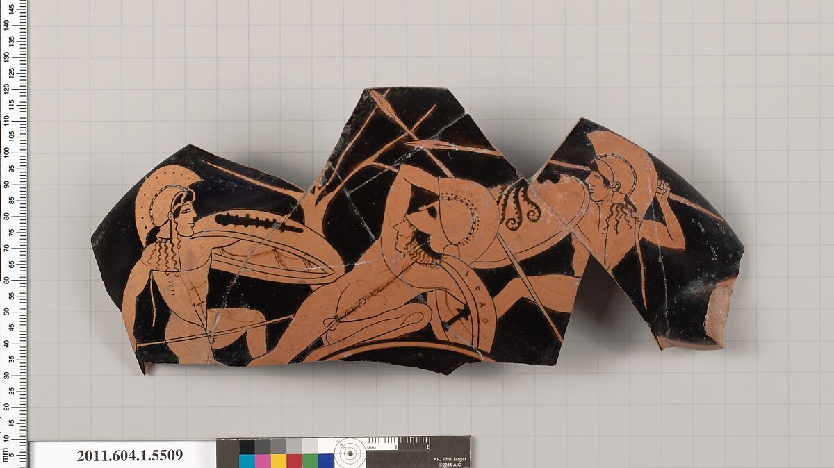 Terracotta rim fragment of a kylix (drinking cup), Terracotta, Greek, Attic