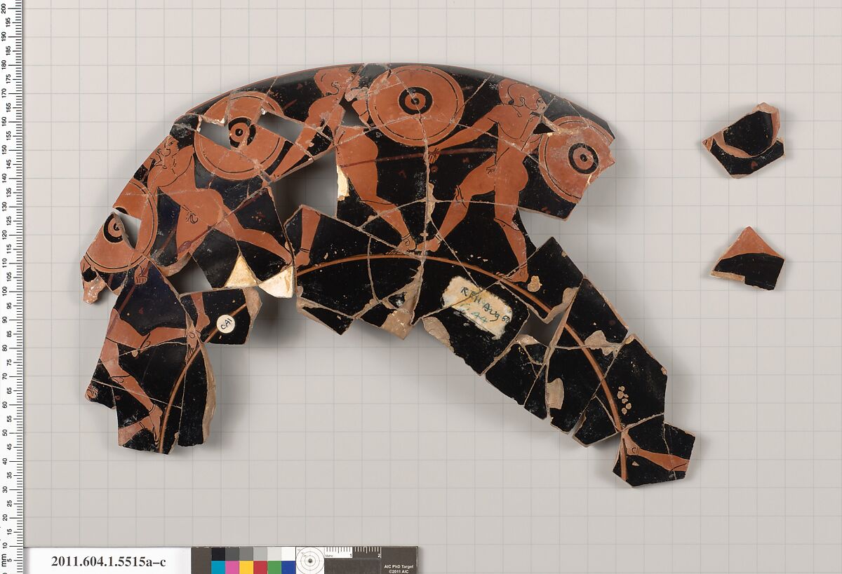 Terracotta fragments of a kylix (drinking cup), Terracotta, Greek, Attic