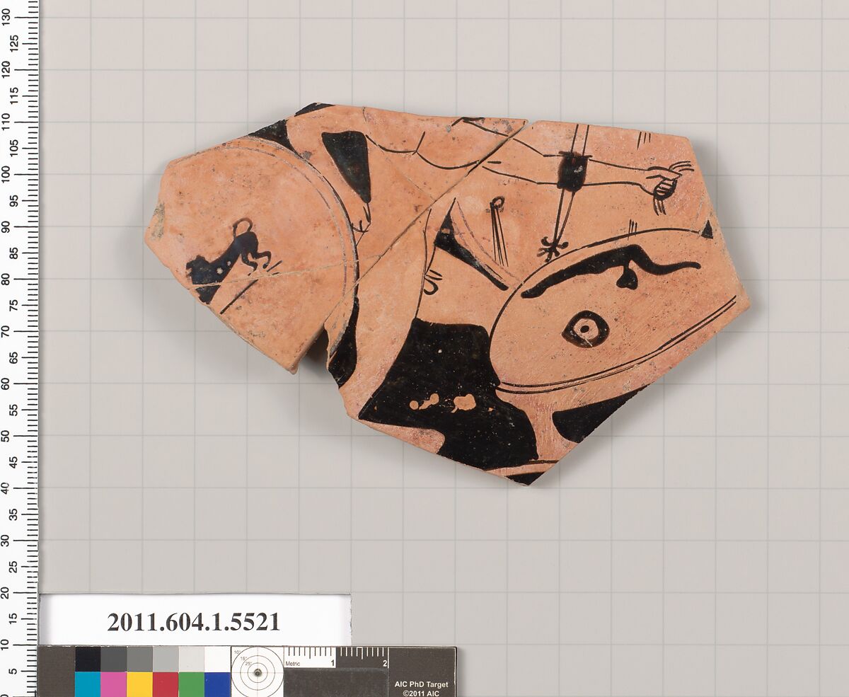 Terracotta fragment of a kylix (drinking cup), Terracotta, Greek, Attic