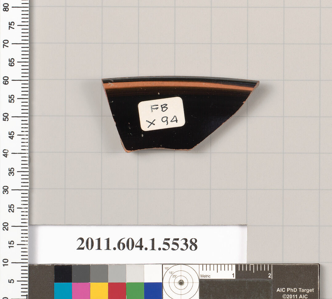 Terracotta rim fragment of a kylix (drinking cup), Terracotta, Greek, Attic