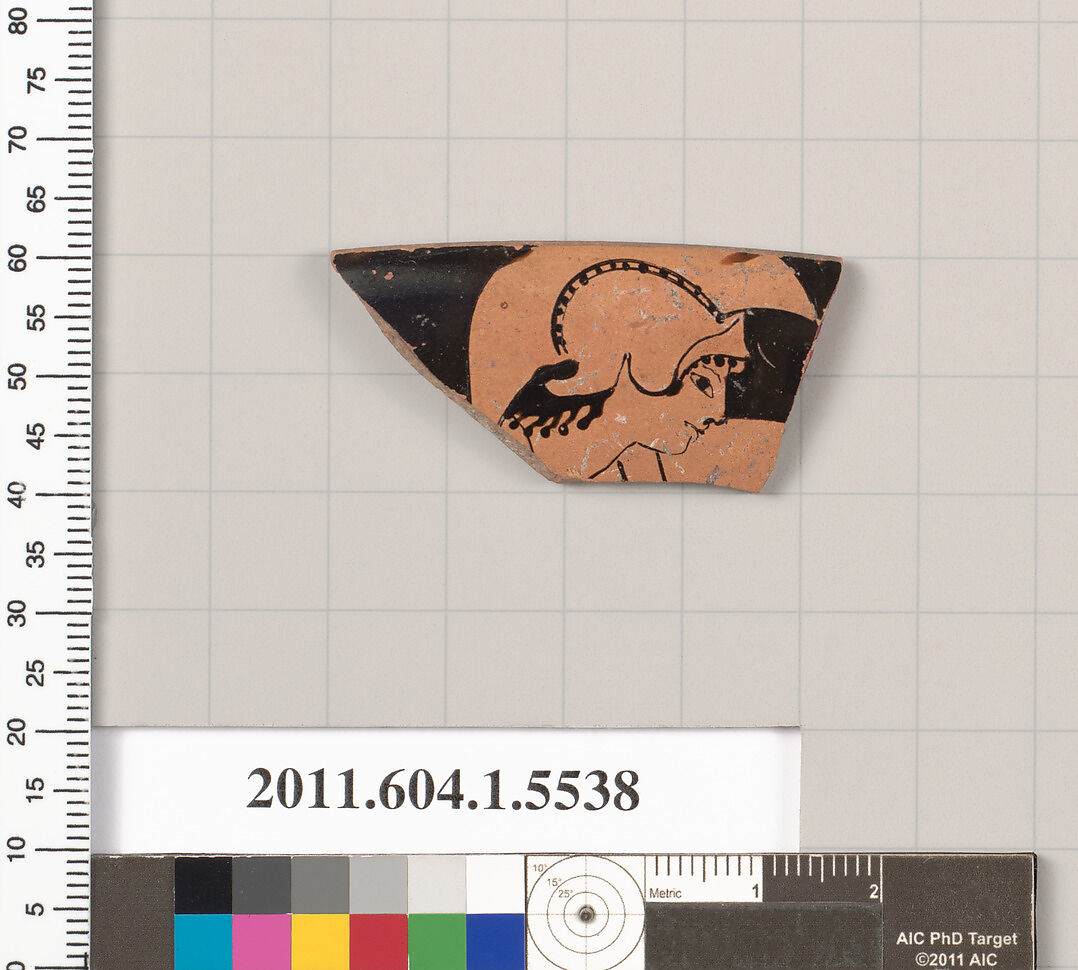 Terracotta rim fragment of a kylix (drinking cup), Terracotta, Greek, Attic 