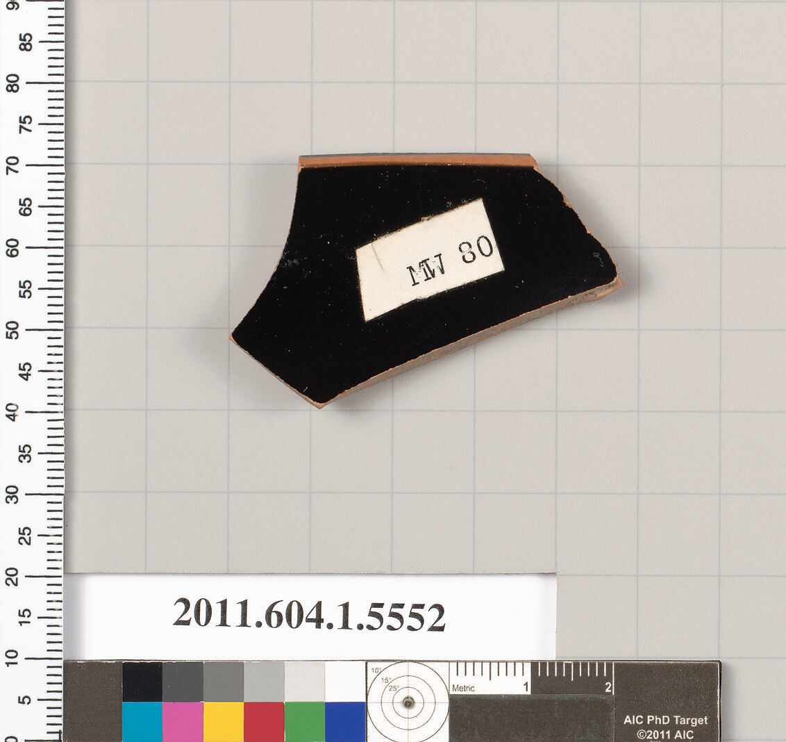 Terracotta rim fragment of a kylix (drinking cup), Terracotta, Greek, Attic