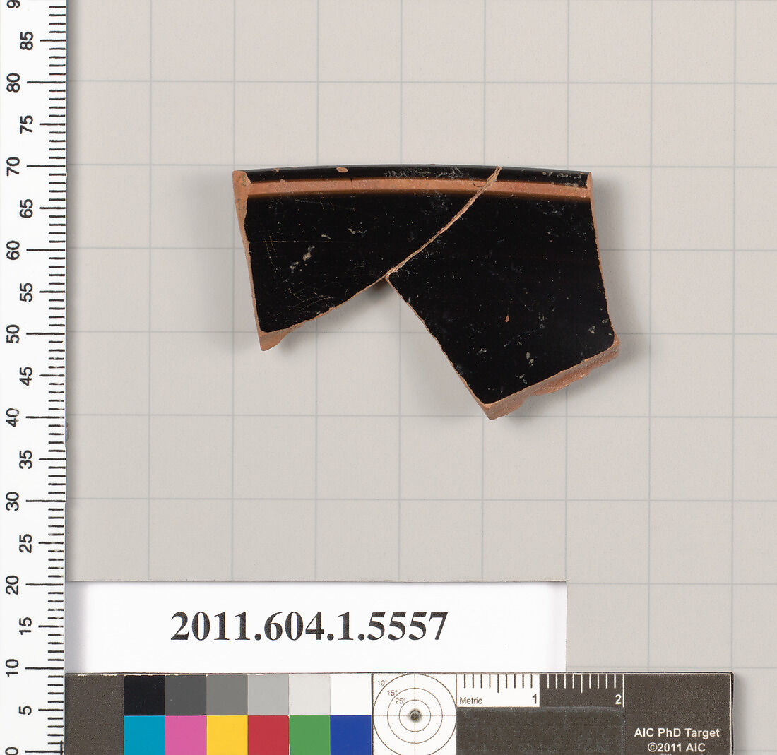 Terracotta rim fragment of a kylix (drinking cup), Terracotta, Greek, Attic