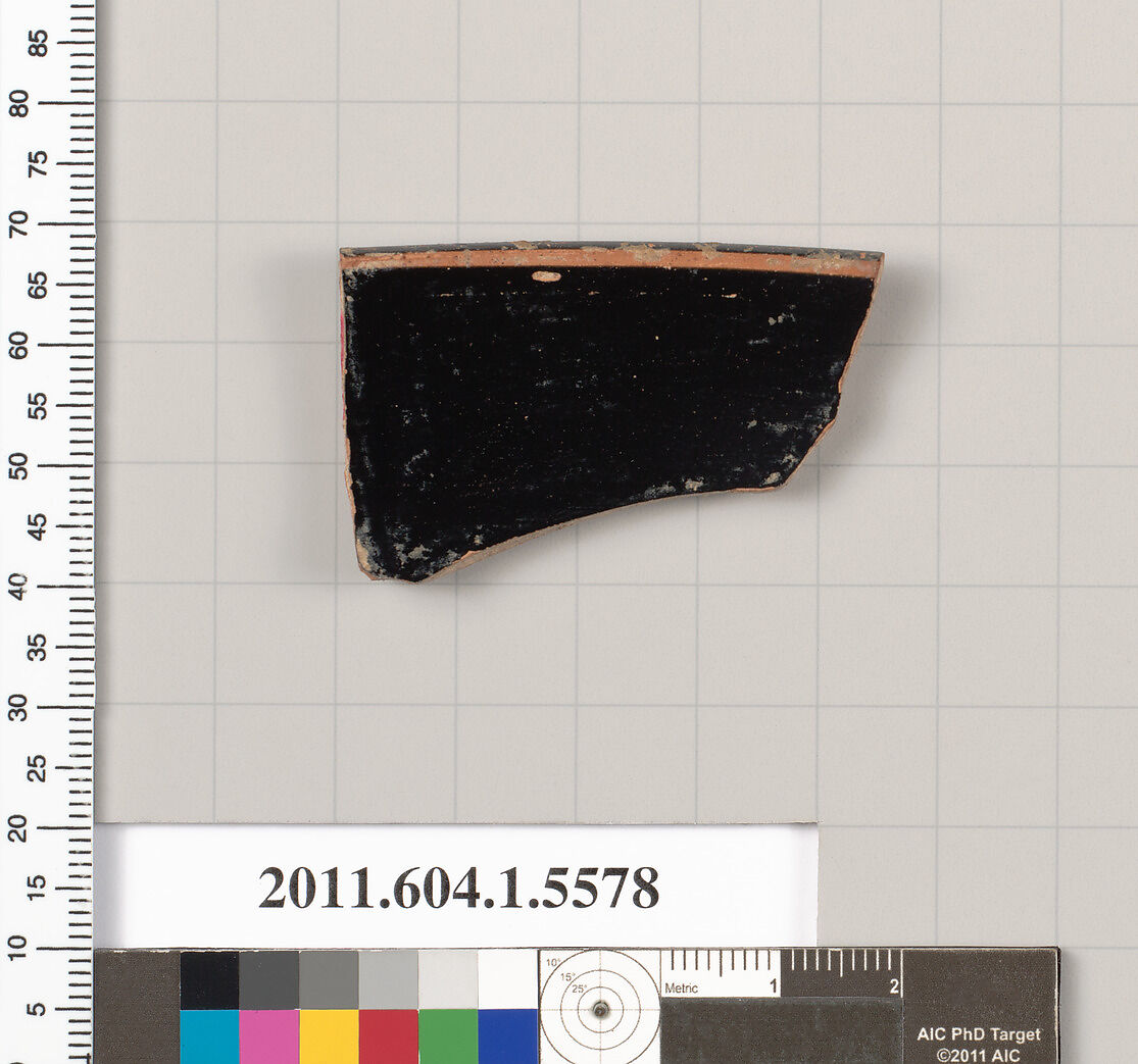 Terracotta rim fragment of a kylix (drinking cup), Terracotta, Greek, Attic