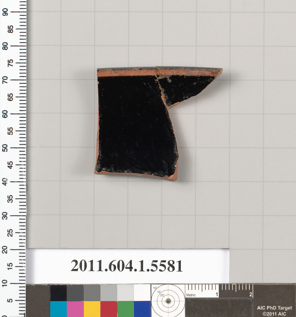 Terracotta rim fragment of a kylix (drinking cup), Terracotta, Greek, Attic