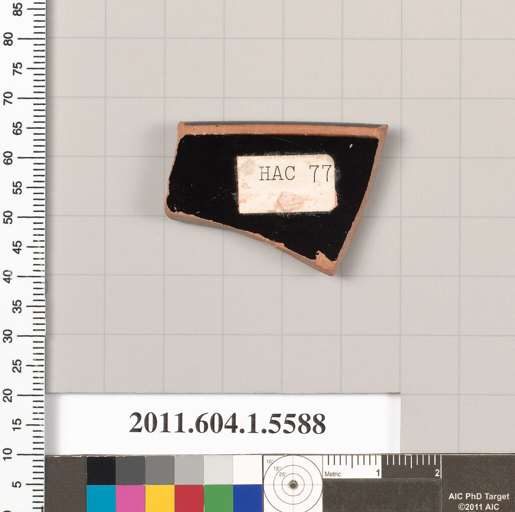 Terracotta rim fragment of a kylix (drinking cup), Terracotta, Greek, Attic