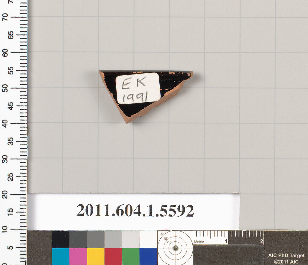 Terracotta rim fragment of a kylix (drinking cup), Terracotta, Greek, Attic