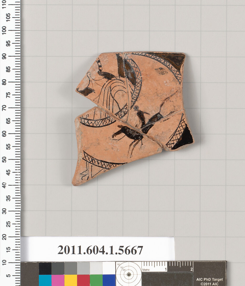 Terracotta rim fragment of a kylix (drinking cup), Terracotta, Greek, Attic 