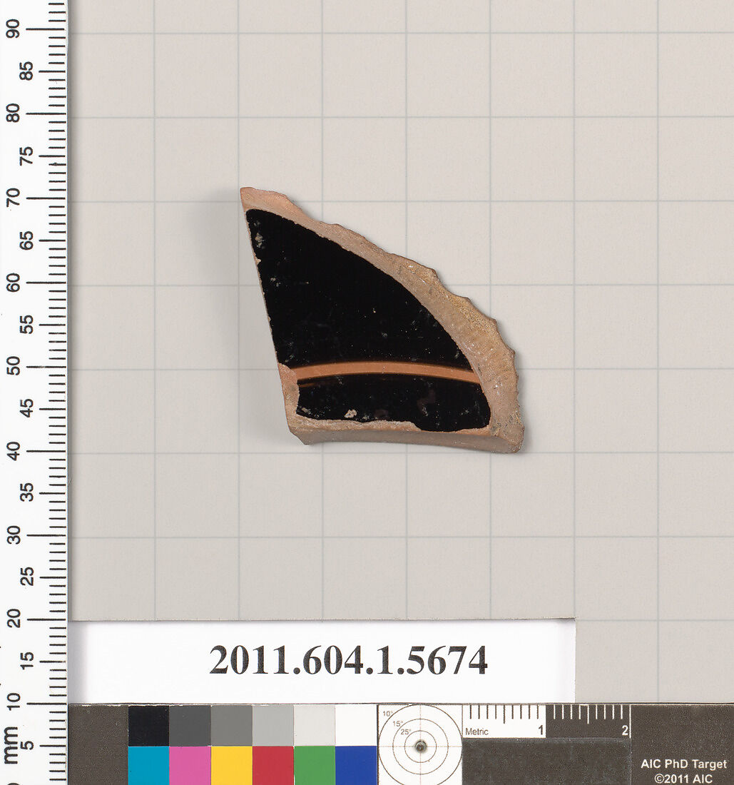 Terracotta fragment of a kylix (drinking cup), Terracotta, Greek, Attic