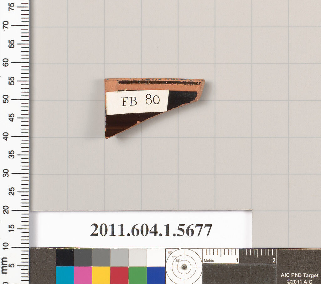 Terracotta rim fragment of a kylix (drinking cup), Terracotta, Greek, Attic