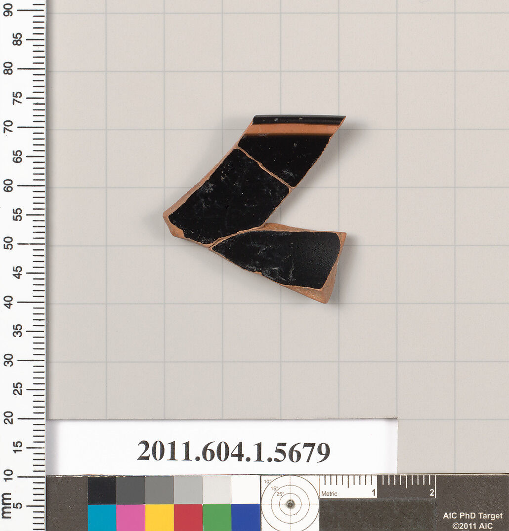 Terracotta rim fragment of a kylix (drinking cup), Terracotta, Greek, Attic