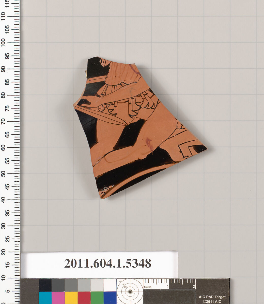 Terracotta fragment of a kylix (drinking cup), Attributed to the Bonn Painter [DvB], Terracotta, Greek, Attic