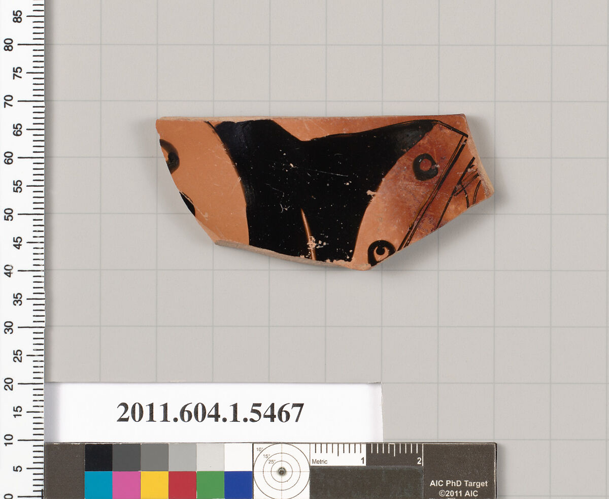 Terracotta fragment of a kylix (drinking cup), Attributed to the Painter of Berlin 2268 [DvB], Terracotta, Greek, Attic