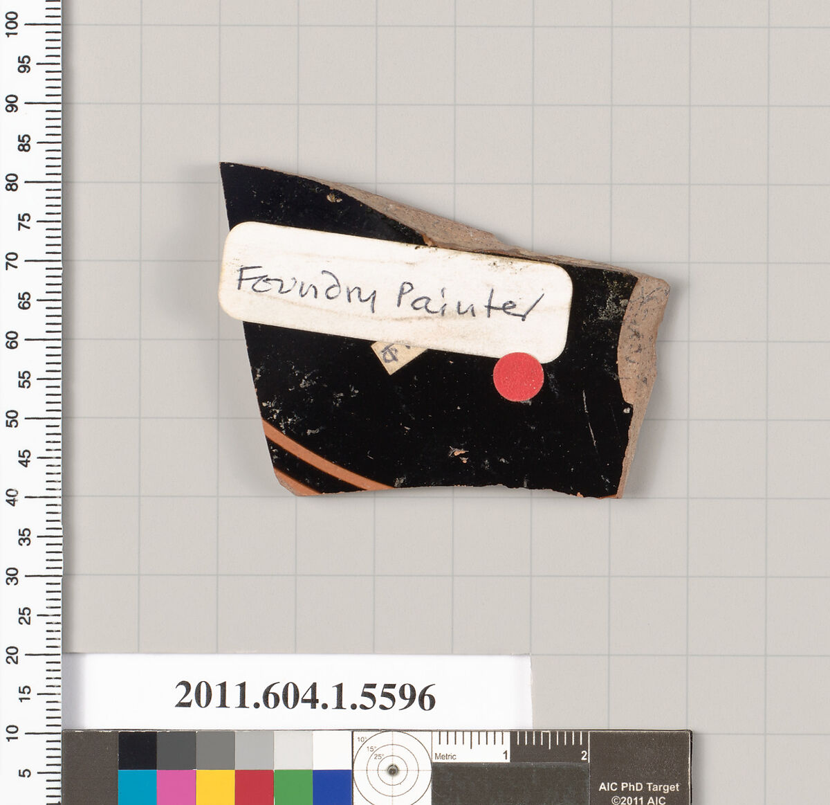 Terracotta fragment of a kylix (drinking cup), Attributed to the Foundry Painter [DvB], Terracotta, Greek, Attic