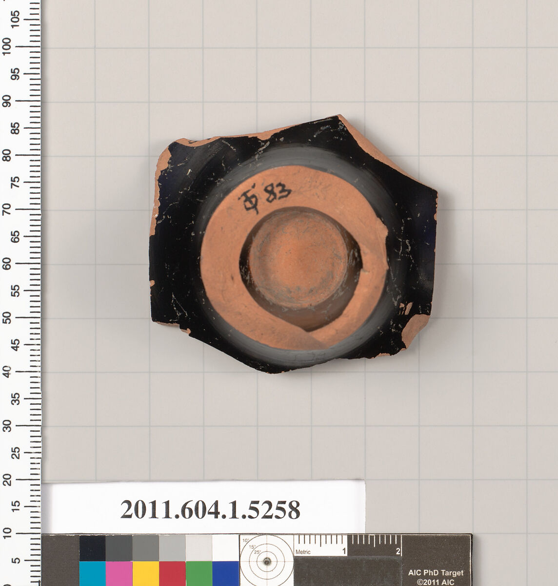 Terracotta fragment of a kylix (drinking cup), Attributed to the Manner of the Euergides Painter [DvB], Terracotta, Greek, Attic