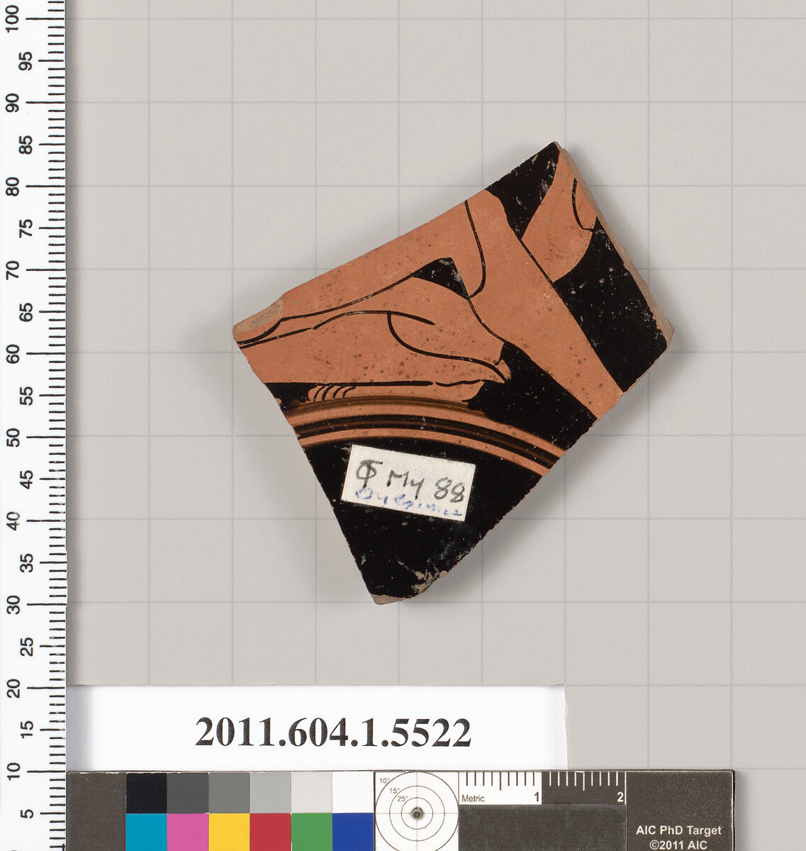 Terracotta fragment of a kylix (drinking cup), Attributed to Onesimos [DvB], Terracotta, Greek, Attic