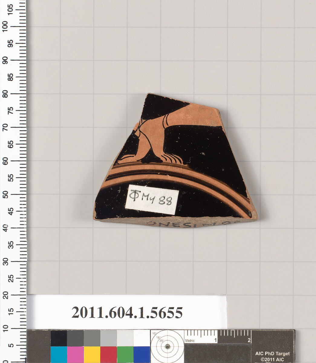 Terracotta fragment of a kylix (drinking cup), Attributed to Onesimos [DvB], Terracotta, Greek, Attic