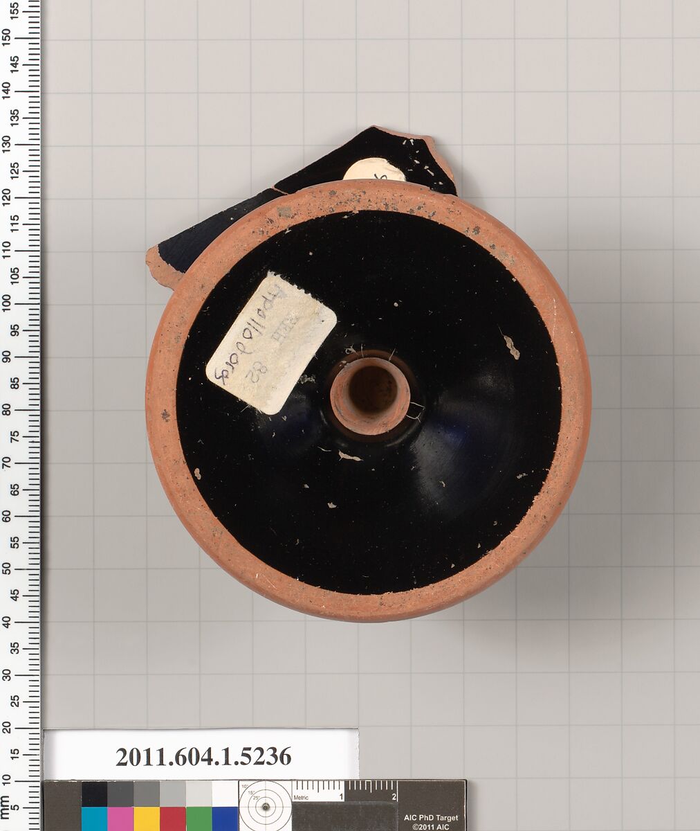 Terracotta fragment of a kylix (drinking cup), Attributed to Apollodoros [DvB], Terracotta, Greek, Attic