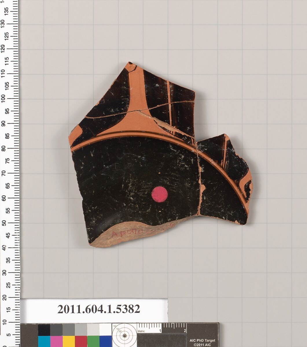 Terracotta fragment of a kylix (drinking cup), Attributed to Apollodoros [DvB], Terracotta, Greek, Attic