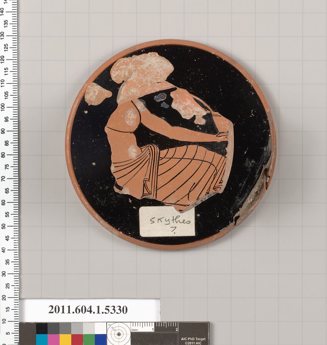 Terracotta fragment of a kylix (drinking cup), Attributed to Skythes ? [DvB], Terracotta, Greek, Attic 
