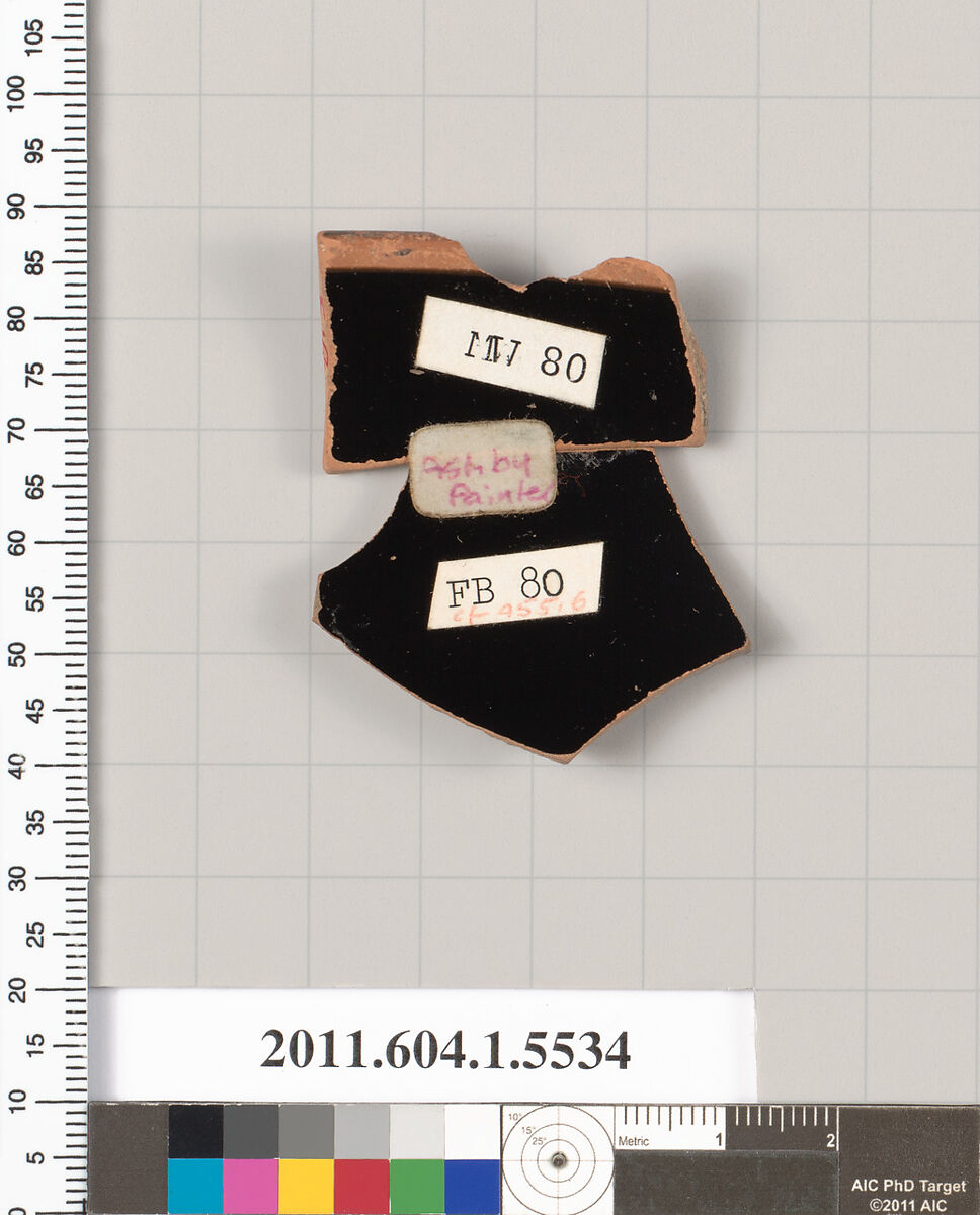 Terracotta rim fragment of a kylix (drinking cup), Attributed to the Ashby Painter [DvB], Terracotta, Greek, Attic