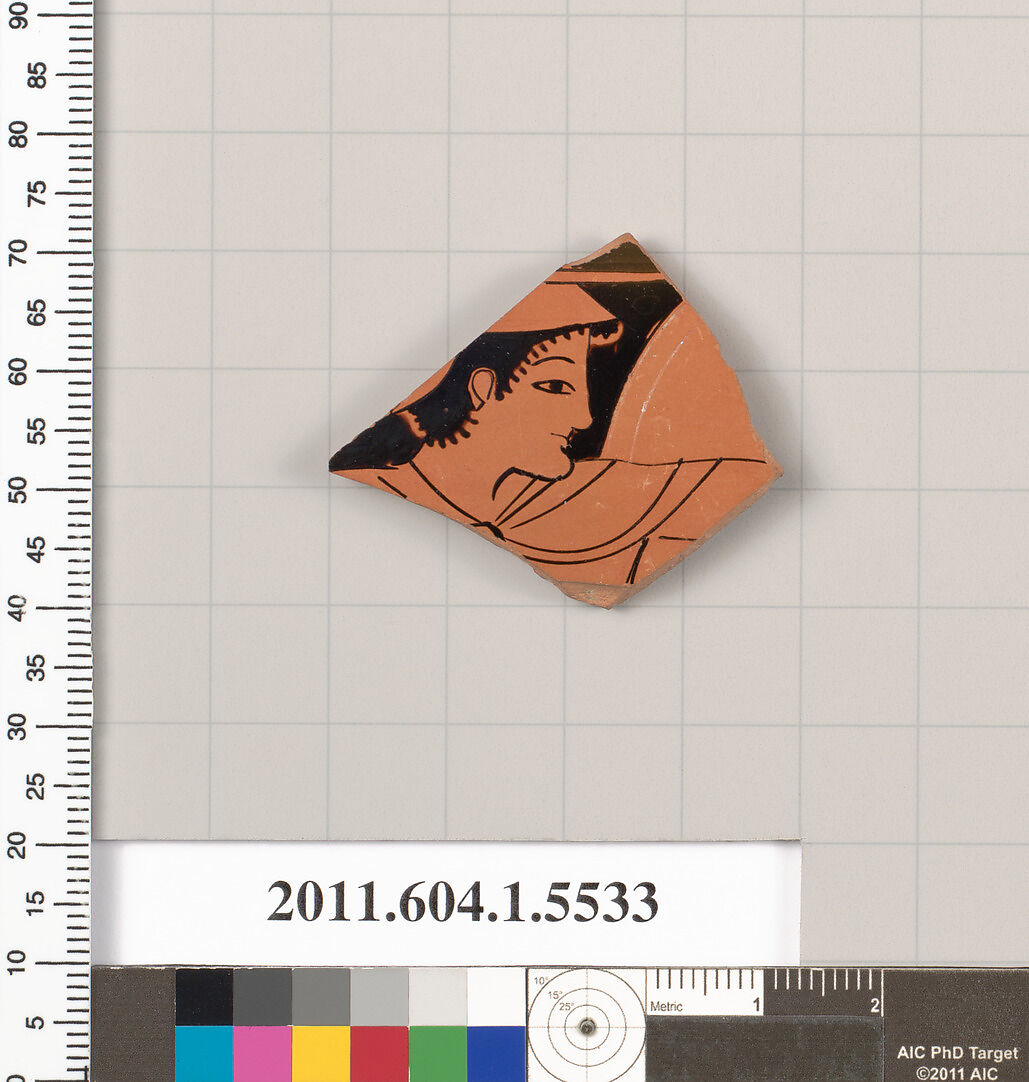 Terracotta fragment of a kylix (drinking cup), Attributed to the Nikosthenes Painter [DvB], Terracotta, Greek, Attic 