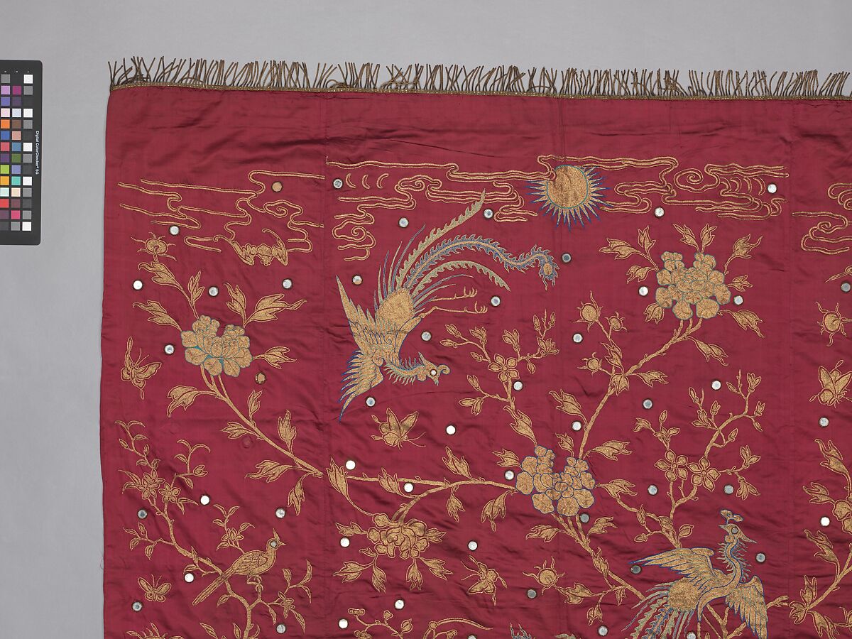 Hanging for Wedding, Silk, metal thread, glass, and brass embroidery on silk satin, China