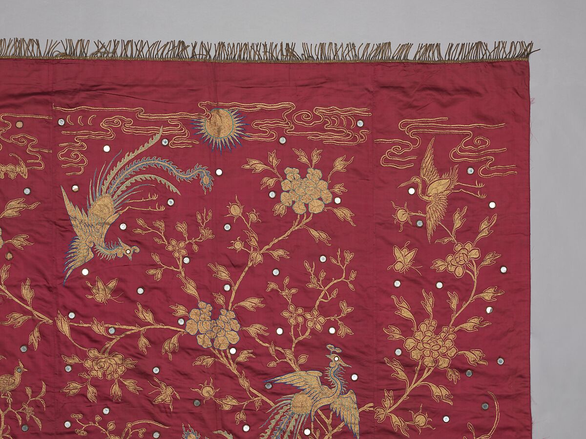 Hanging for Wedding, Silk, metal thread, glass, and brass embroidery on silk satin, China