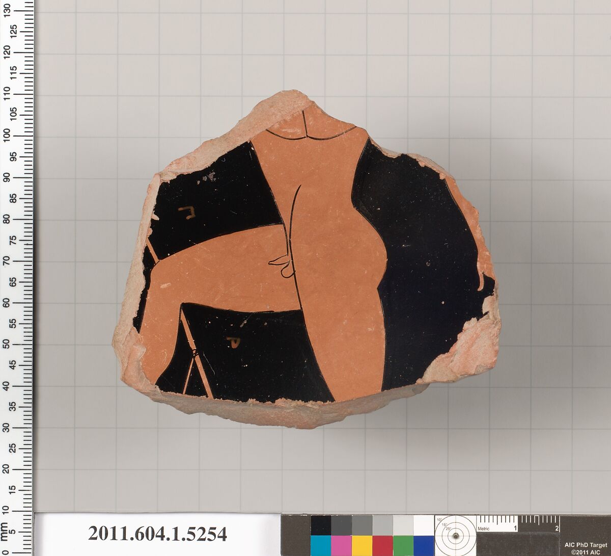 Terracotta fragment of a kylix (drinking cup), Attributed to the Poseidon Painter [DvB], Terracotta, Greek, Attic 