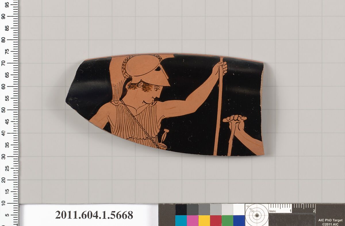 Terracotta rim fragment of a kylix (drinking cup), Attributed to the Painter of Louvre G 456 [DvB], Terracotta, Greek, Attic 