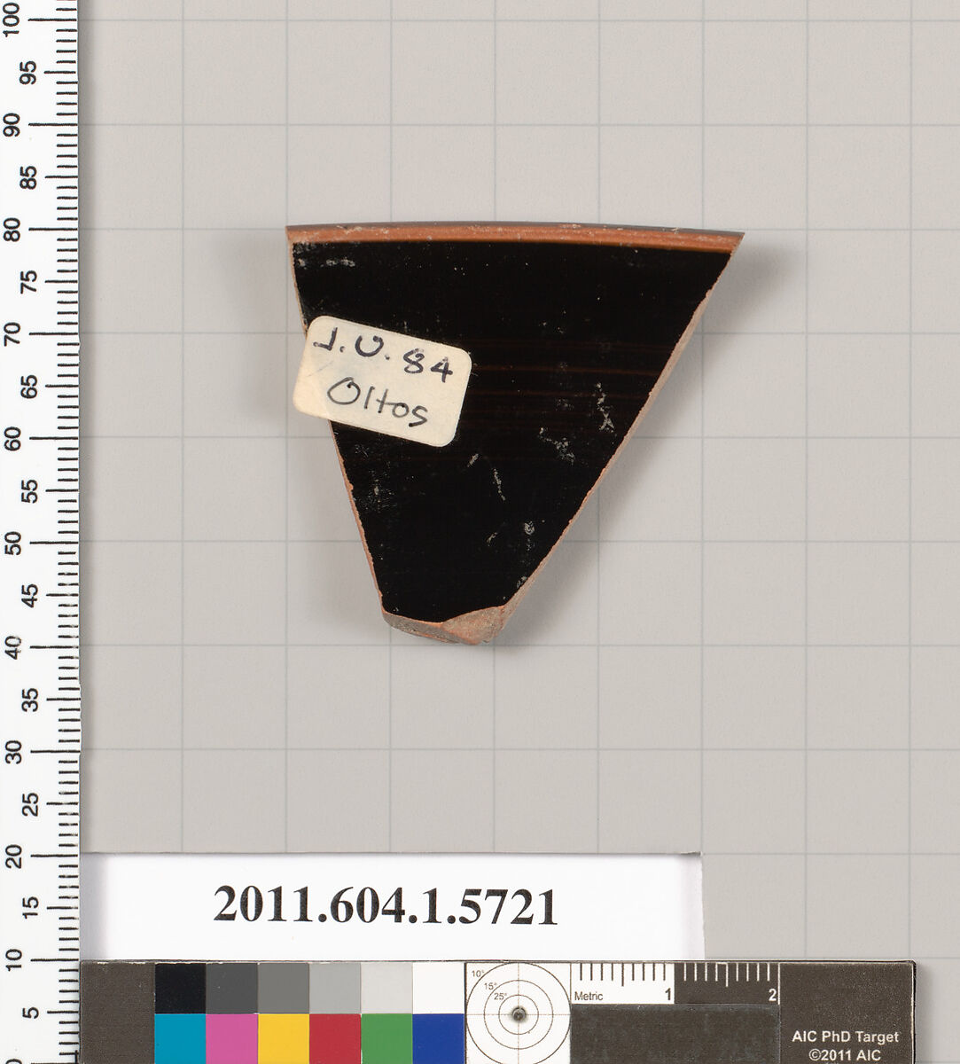 Terracotta rim fragment of a kylix: eye-cup  (drinking cup), Attributed to Oltos [DvB], Terracotta, Greek, Attic