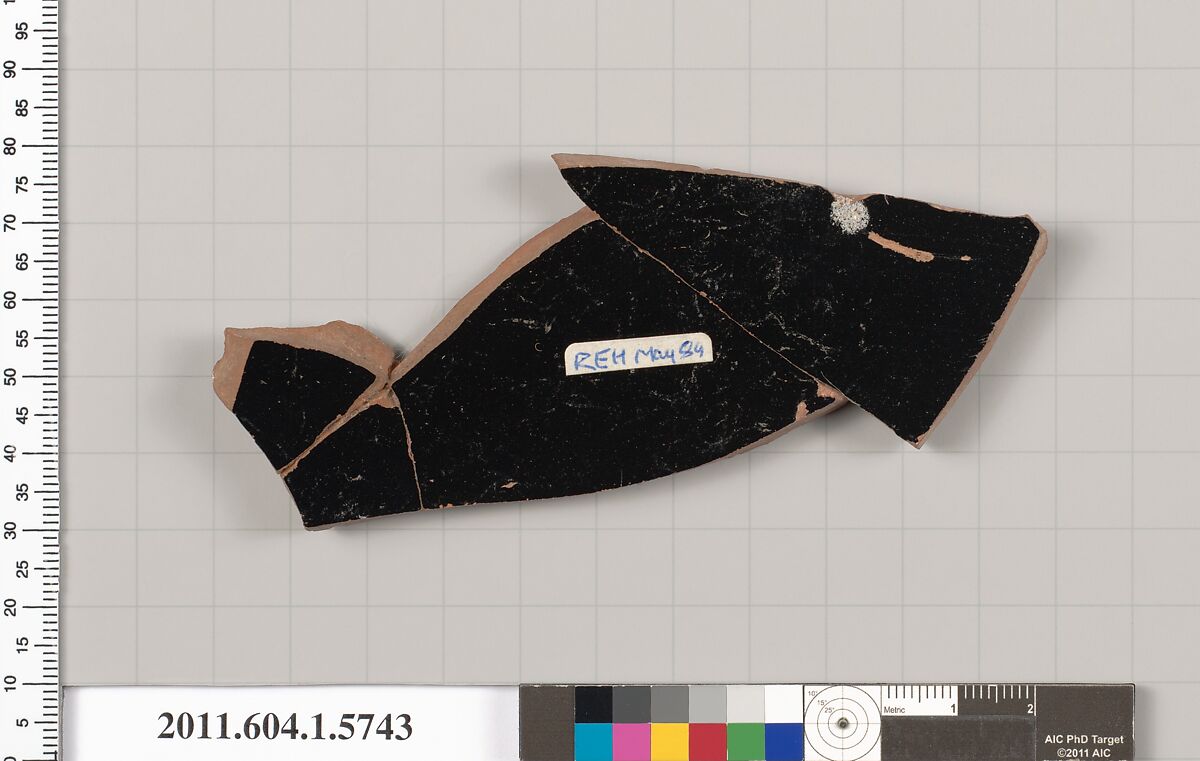 Terracotta fragment of a kylix: eye-cup  (drinking cup), Terracotta, Greek, Attic