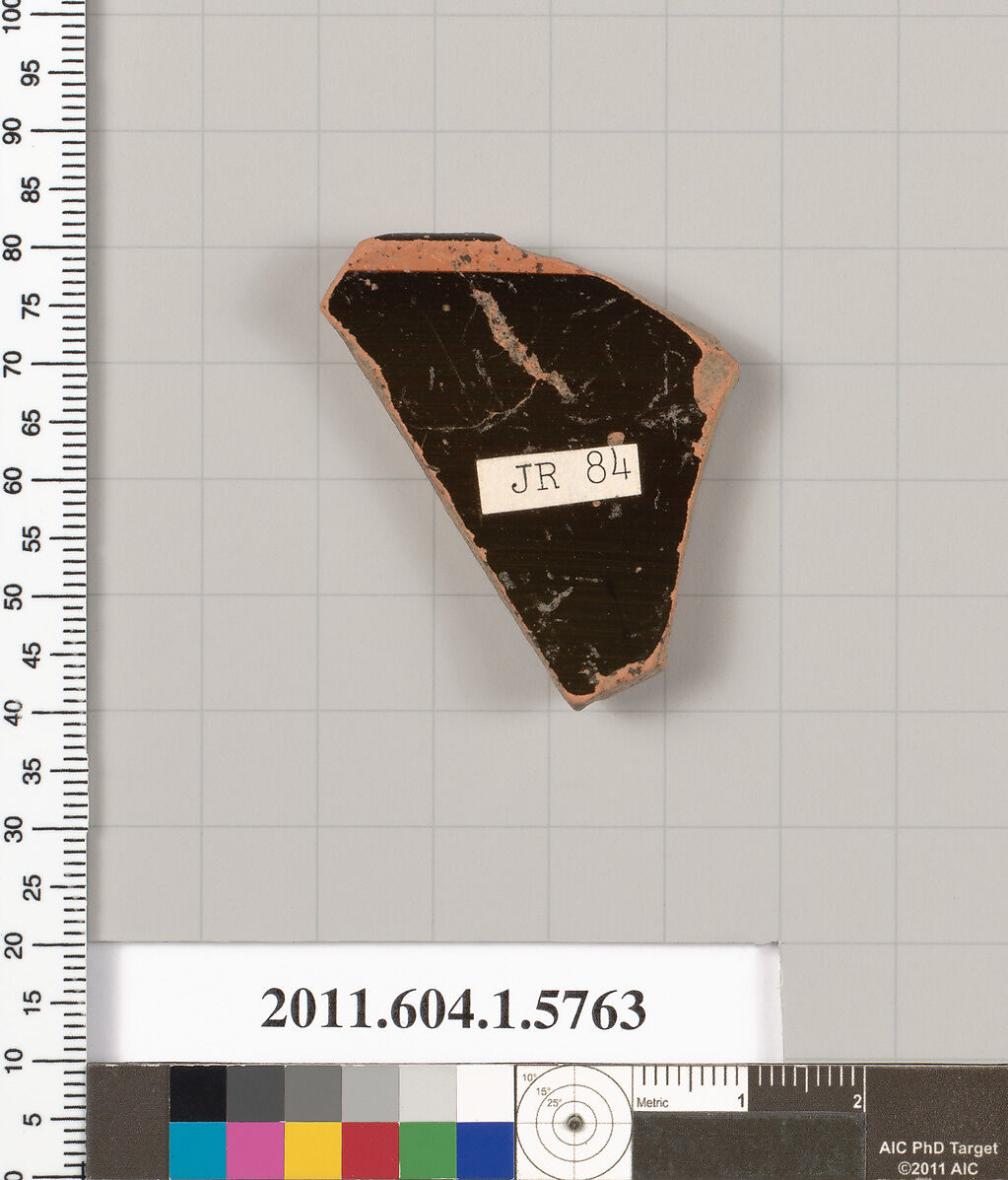 Terracotta fragment of a kylix: eye-cup  (drinking cup), Terracotta, Greek, Attic