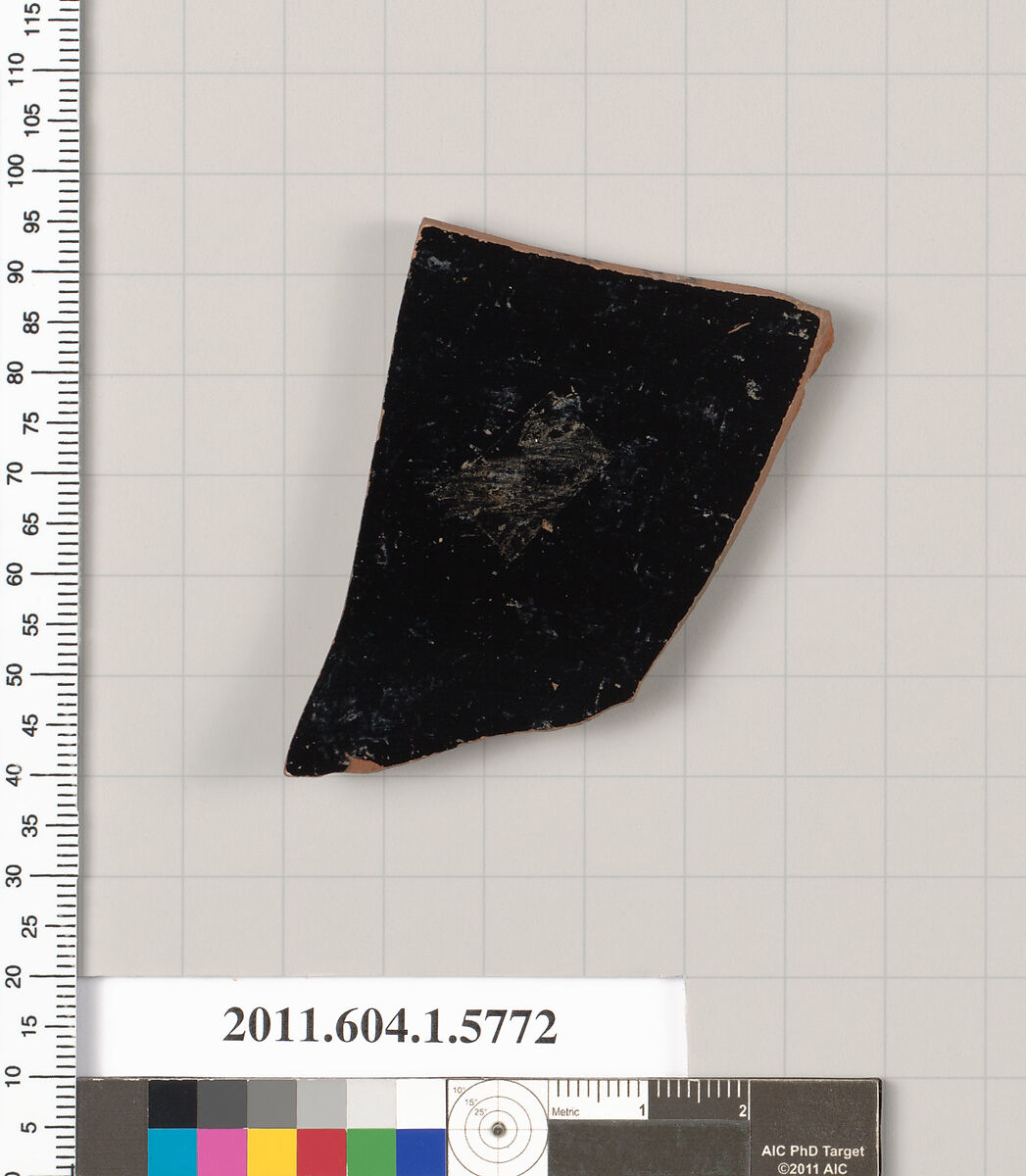Terracotta fragment of a kylix: eye-cup  (drinking cup), Terracotta, Greek, Attic