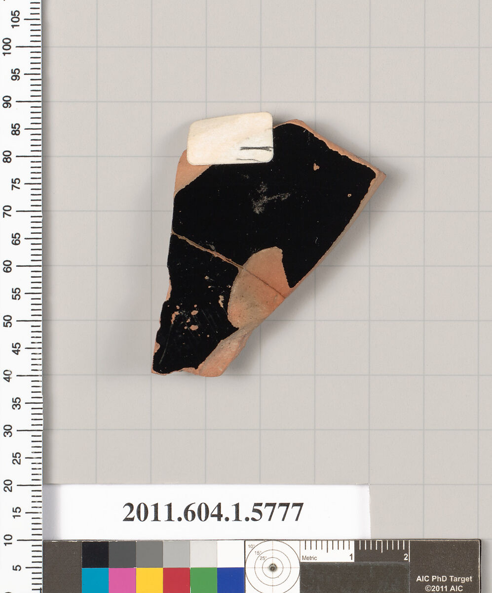 Terracotta fragment of a kylix: eye-cup  (drinking cup), Terracotta, Greek, Attic