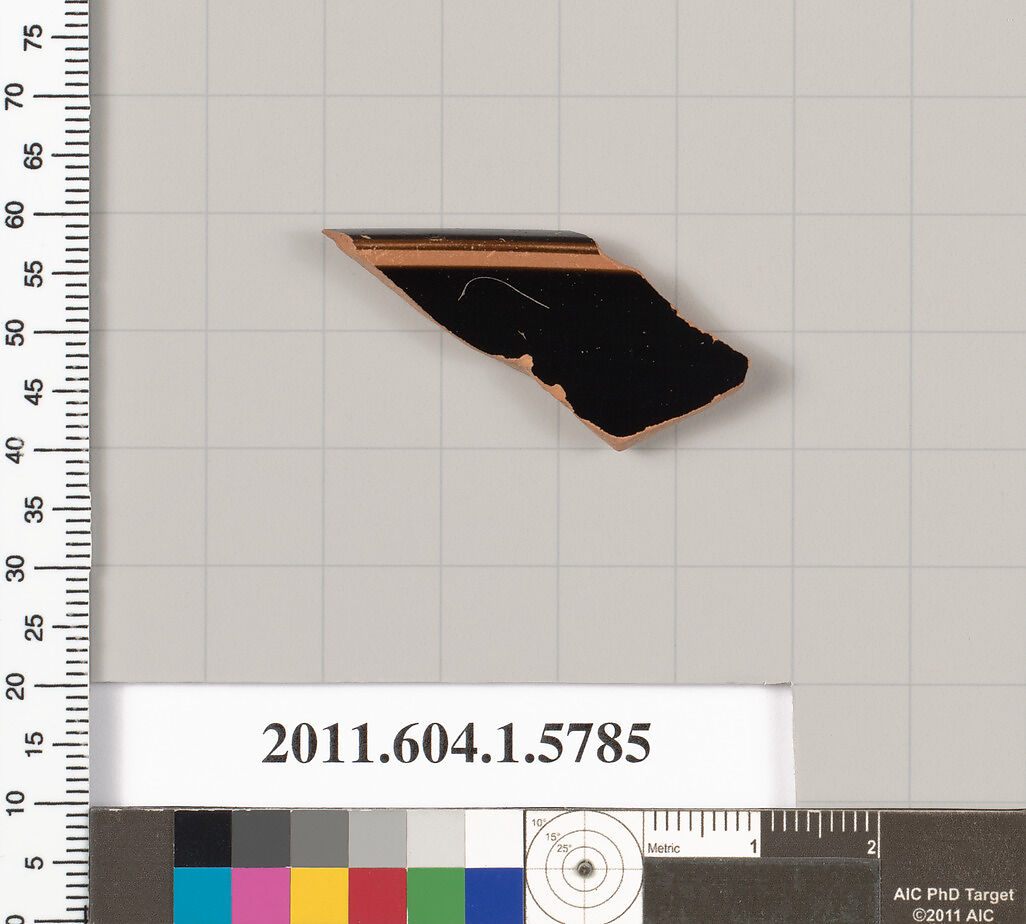 Terracotta rim fragment of a kylix: eye-cup (drinking cup), Terracotta, Greek, Attic