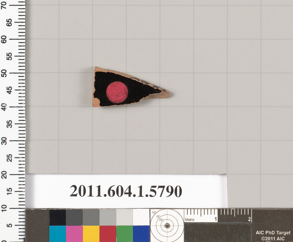 Terracotta fragment of a kylix: eye-cup  (drinking cup), Terracotta, Greek, Attic