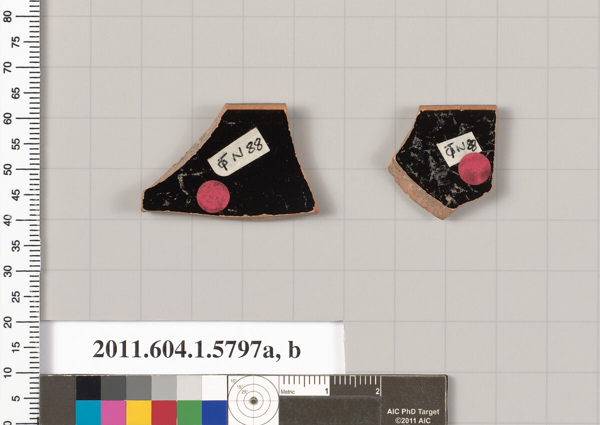 Terracotta rim fragments of a kylix: eye-cup (drinking cup), Terracotta, Greek, Attic