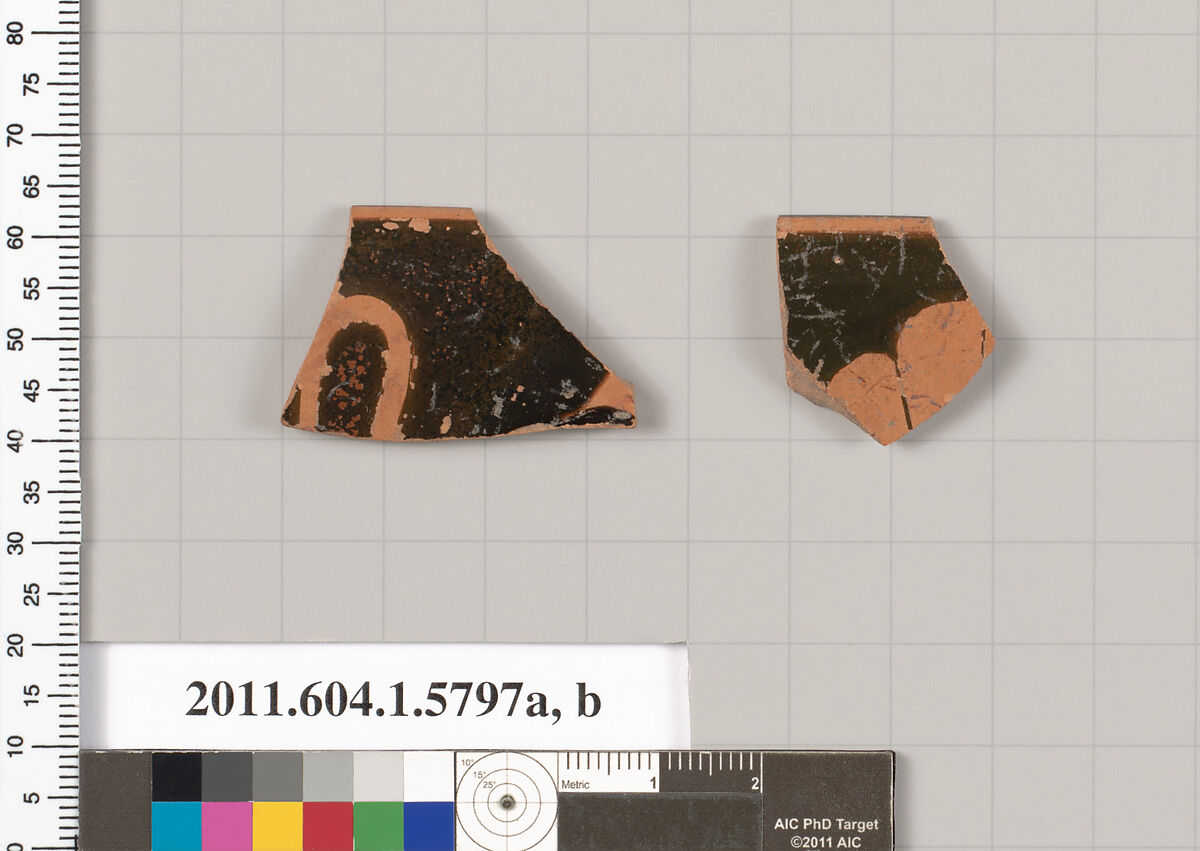 Terracotta rim fragments of a kylix: eye-cup (drinking cup), Terracotta, Greek, Attic 