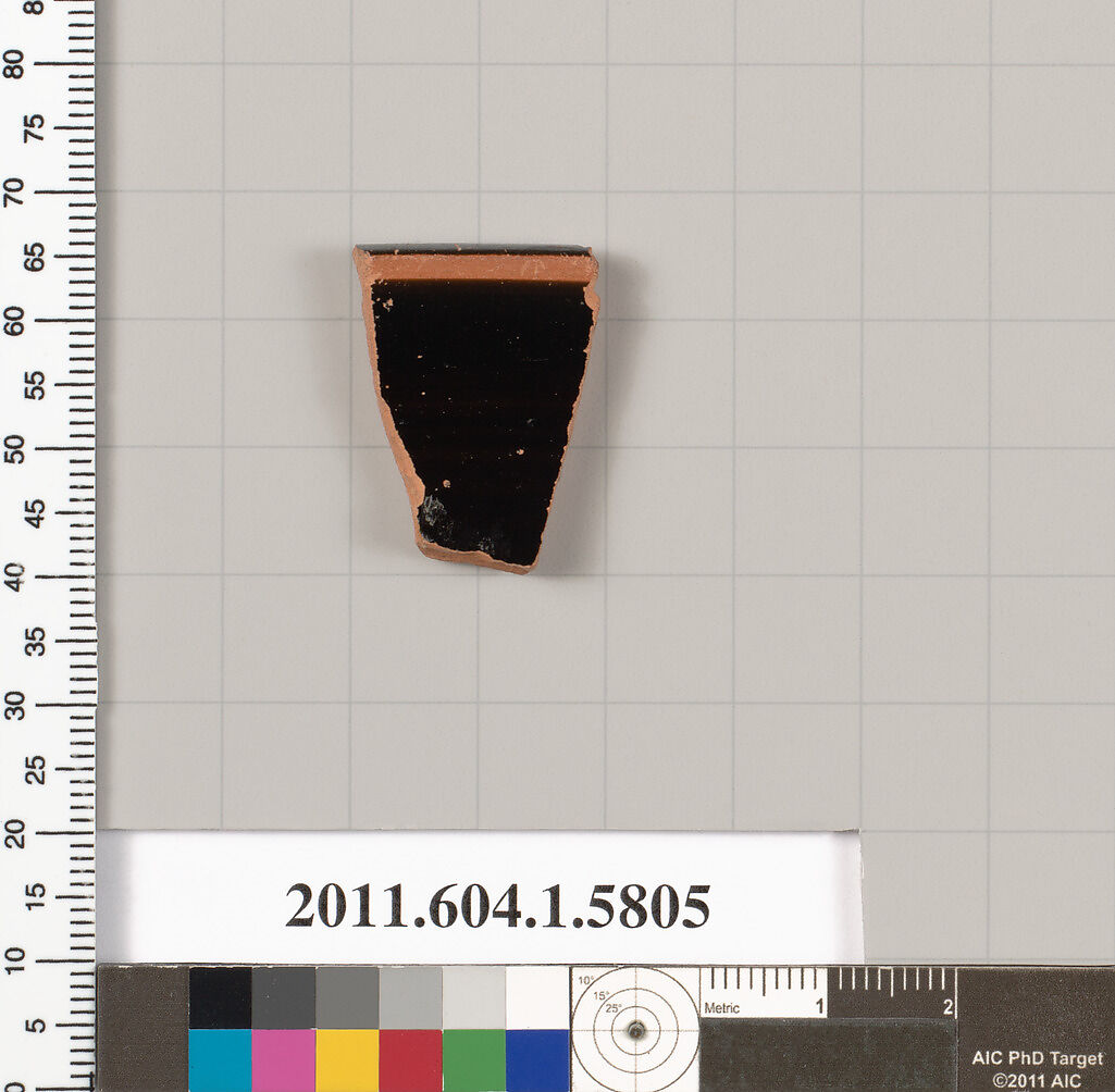 Terracotta fragment of a kylix: eye-cup  (drinking cup), Terracotta, Greek, Attic